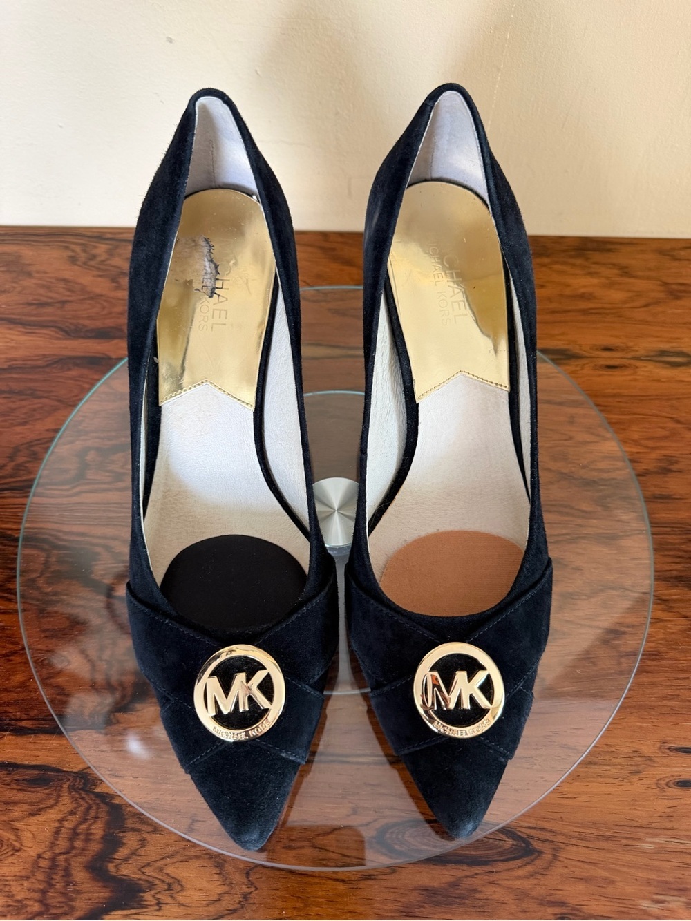 Michael Kors Caroline Black Suede Gold MK Logo Medallion Pointed Toe Pumps 9.5